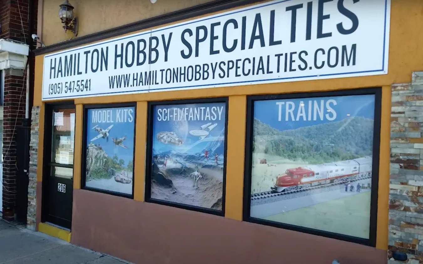 Hamilton Hobby Specialties storefront at 206 Kenilworth Ave N, with Model Kits, Sci-Fi/Fantasy, and Trains window displays